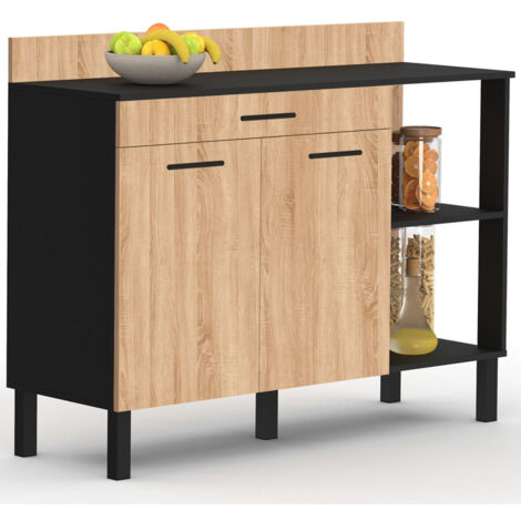 Aparador bajo de cocina CINA 120 CM, encimera H.83 cm, 2 puertas + cajón, aspecto negro y haya