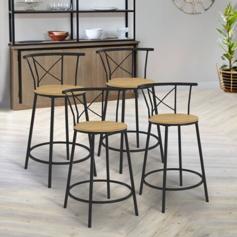 Juego de 4 taburetes de bar bistro DETROIT con respaldo redondeado de diseño industrial