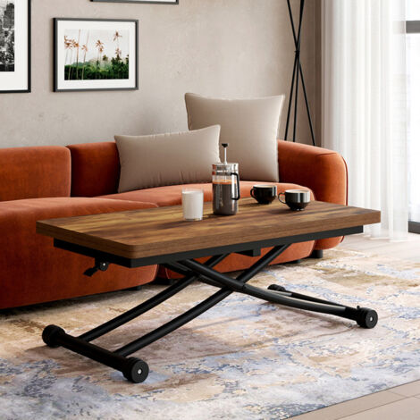 Mesa de centro URBANA, convertible en mesa de comedor, de madera oscura con efecto envejecido y negra, diseño industrial