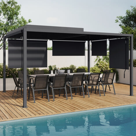 Pérgola bioclimática con lamas de policarbonato orientables 3x4M y 4 persianas gris antracita