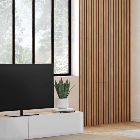 Paneles acústicos de pared listones de madera 250 x 60 cm acabado roble claro fondo negro