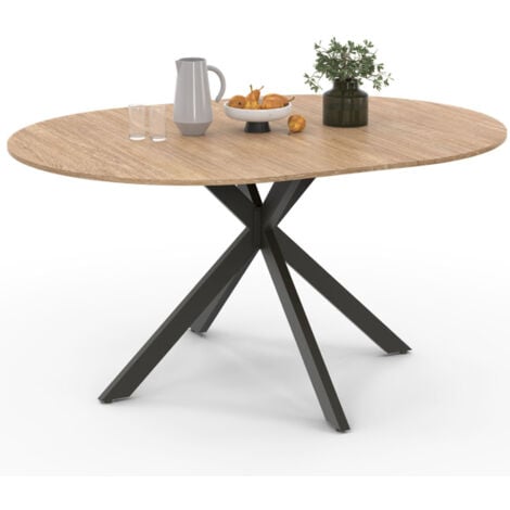 Mesa de comedor redonda extensible ALIX, madera y pata de araña negra, 6-8 personas, 110-150 cm