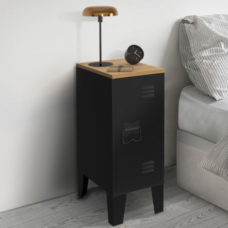 Lote de 2 mesillas de noche ESTER de 1 puerta de metal negro y tapa de haya de diseño industrial