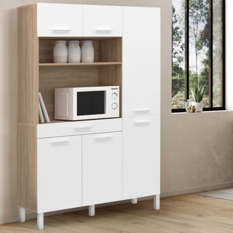 Aparador de cocina CINA con mueble de 120 CM, 6 puertas + cajón, acabado haya y blanco