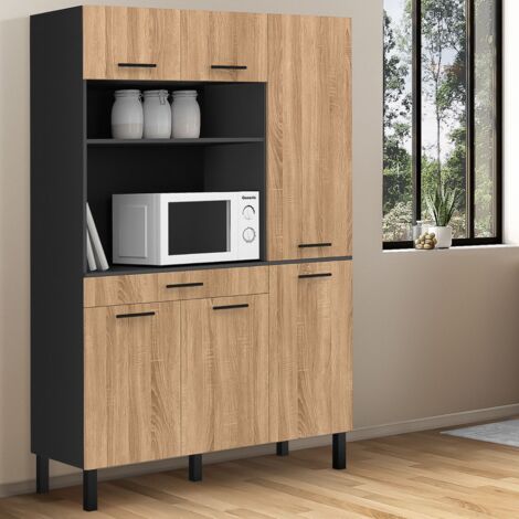 Aparador de cocina CINA con mueble de 120 CM, 6 puertas + cajón, acabado en negro y haya