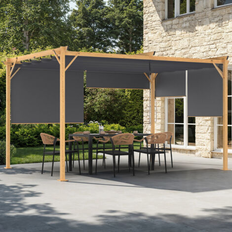 Pérgola edición exclusiva efecto madera techo retráctil 3x4M y 4 toldos gris antracita