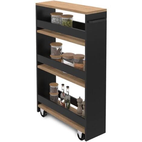 Aparador de cocina que ahorra espacio, carro de almacenamiento con estantes en negro y aspecto de haya