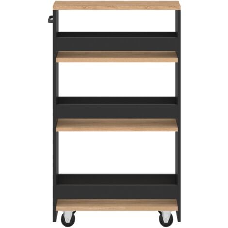 Aparador de cocina que ahorra espacio, carro de almacenamiento con estantes en negro y aspecto de haya