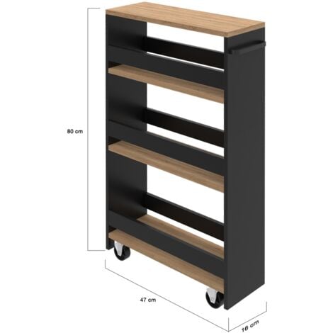 Aparador de cocina que ahorra espacio, carro de almacenamiento con estantes en negro y aspecto de haya