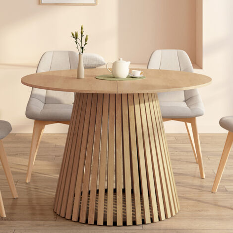 CARMEN Mesa de comedor redonda para 6 personas con patas de listones de madera y tablero de madera de 110 cm