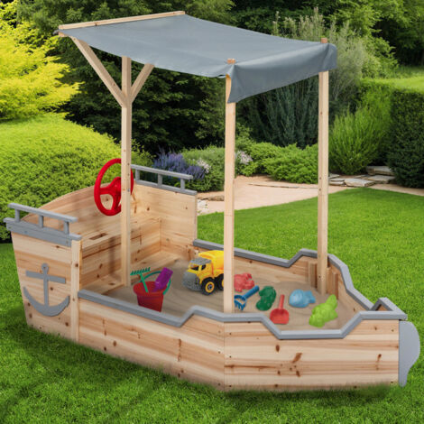 Arenero de madera Barco pirata WORLD con banco caja y techo gris