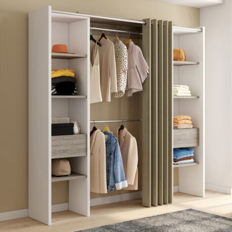 Conjunto tocador doble columna MERYL blanco y madera con cortina topo claro 120/180 x 50 x 180 CM