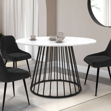 Mesa de comedor redonda YUNA para 6 personas con tablero efecto mármol blanco ALASKA y pata de alambre de metal negro 110 cm