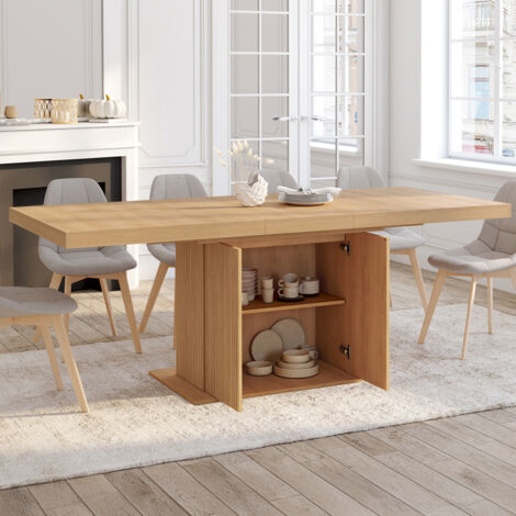 Mesa de comedor rectangular extensible JULIETTE con pata central efecto listones y espacio de almacenamiento de 160 cm