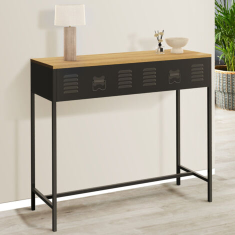 Consola ESTER de 1 cajón con tapa de metal negro y madera de diseño industrial