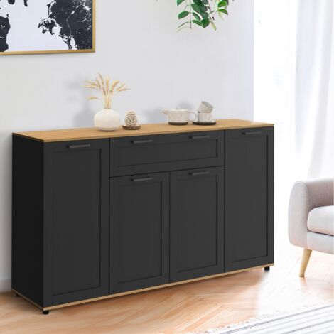 VITO Aparador de 140 cm con 4 puertas y 1 cajón, negro y madera