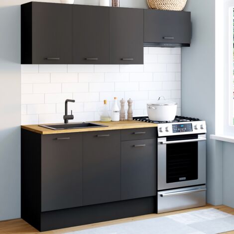 Cocina SUBTIL completa de 180 cm con encimera negra de 5 unidades y estantes de madera