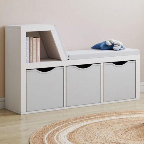 Banco librería OSCAR 4 compartimentos con cojines grises y bandejas de tela 102 cm blanco