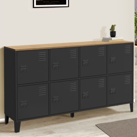 ESTER 139 cm Cómoda de 8 puertas de metal negro con tapa de madera de diseño industrial