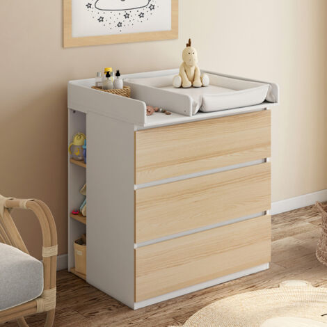 Mueble cambiador AMBRE, acabado haya y blanco 3 cajones, cambiador y 2 estantes extraíbles