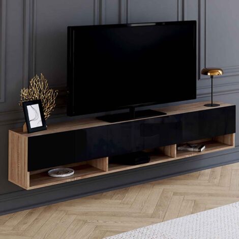 Mueble TV 180 cm ELIO 2 puertas colgado en la pared con estantes de madera y negros