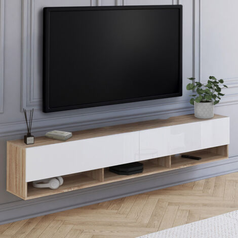 Mueble TV 180 cm ELIO 2 puertas colgado en la pared con estantes de madera y blancos