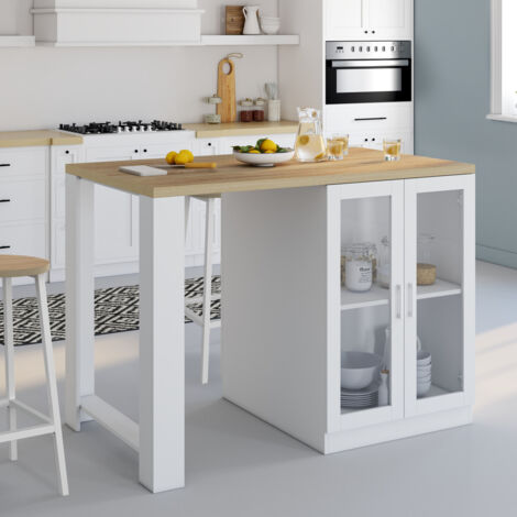 Isla central LINO 120 cm para 2 personas en madera blanca con encimera efecto haya y puertas de cristal