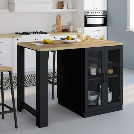 LINO Isla central para 2 personas de 120 cm en madera negra con encimera efecto haya y puertas de cristal
