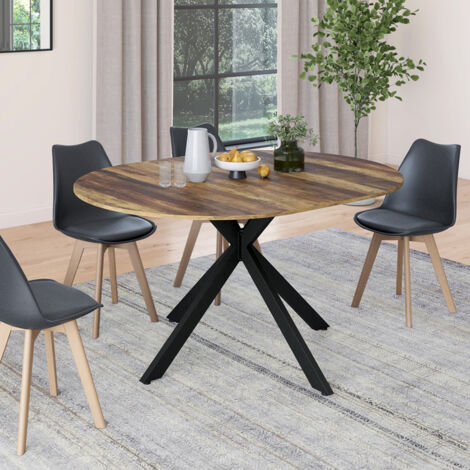 HAWKINS ALIX Mesa de comedor redonda extensible para 6-8 personas con patas de araña de madera oscura, efecto envejecido y negro
