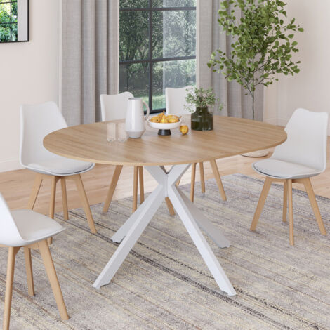 Mesa de comedor redonda extensible ALIX, madera y pata de araña blanca, 6-8 personas, 110-150 cm