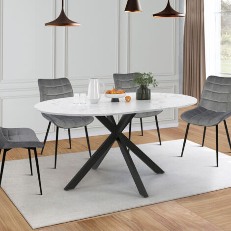 Mesa de comedor redonda extensible ALIX, 4-8 personas, pata de araña de metal negro, tablero efecto mármol ALASKA, 110-150 cm
