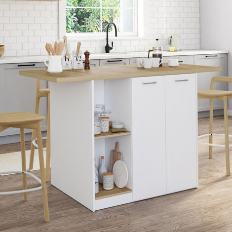 Isla central BAO 140 cm para 4 personas en madera blanca con encimera efecto haya