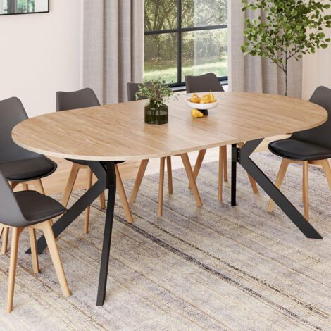 ALIX Mesa de comedor redonda extensible para 4-10 personas con pata de madera y araña negra 110 - 200 cm
