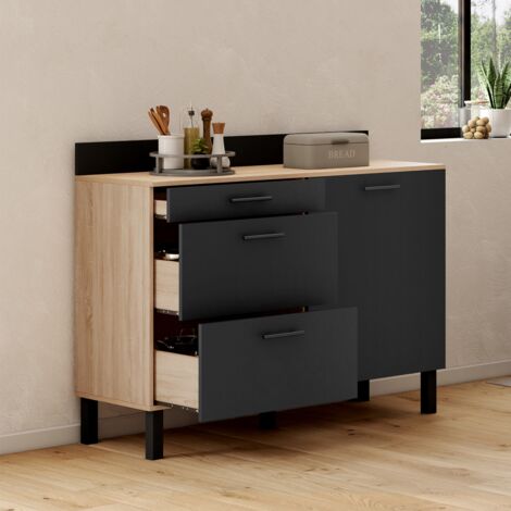 Aparador de cocina bajo 120 CM Encimera CINA H.83 cm 1 puerta + 3 cajones aspecto haya y negro