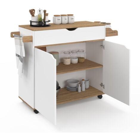 COSY Aparador de cocina XXL con cajón blanco y estantes efecto haya L.90 CM