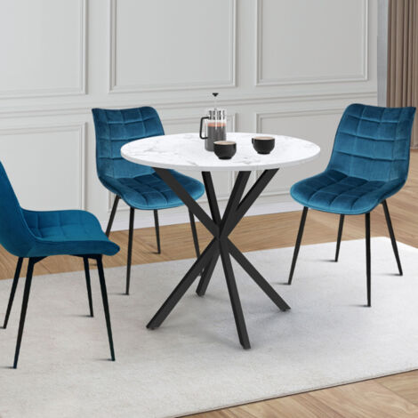 ALIX Mesa de comedor redonda para 2-4 personas con pata de araña de madera efecto mármol blanco ALASKA y negro 80 cm