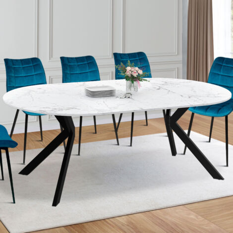 ALIX Mesa de comedor redonda extensible para 4-10 personas con pata de araña negra y madera efecto mármol blanco ALASKA 110 - 20