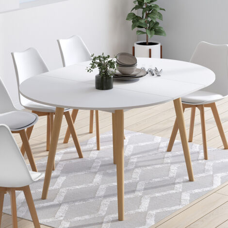 ANGELA mesa de comedor redonda 6-8 personas pata de madera blanca 110 - 150 cm