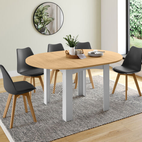 DONA mesa de comedor redonda extensible 4-8 personas tablero blanco efecto haya 120-160 cm (1/5)