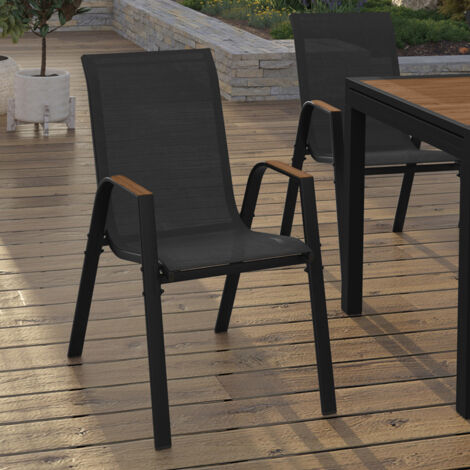 Lote de 4 sillas de jardín apilables de metal y textileno NOUMEA, negro y madera