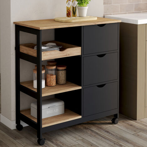MUNA aparador de cocina negro y efecto haya, 3 cestas + 1 estante extraíble L.76 cm