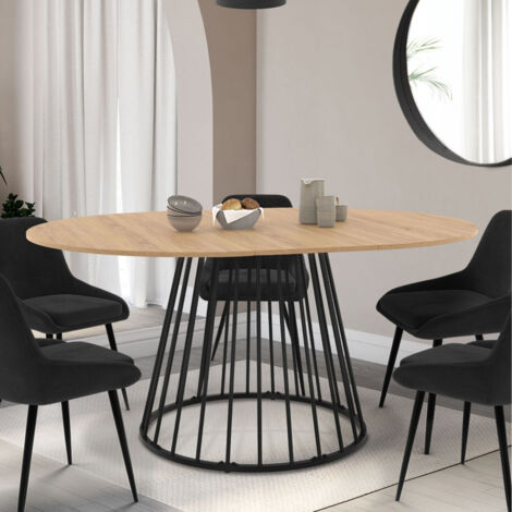 Mesa de comedor redonda extensible YUNA para 4-8 personas con tablero de madera y pata de alambre de metal negro 110 - 150 cm
