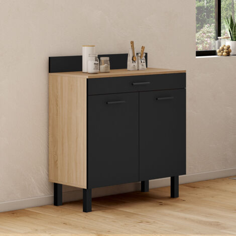CINA aparador de cocina bajo 80 cm, encimera H.83 cm, 2 puertas + cajón, acabado haya y negro (1/5)