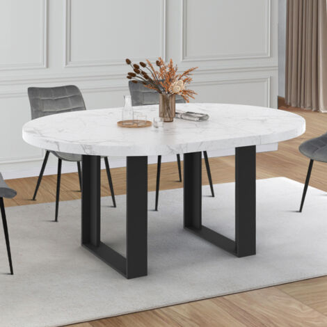 Mesa de comedor redonda extensible para 4-6 personas PHOENIX con tablero efecto mármol blanco ALASKA 110-150 cm
