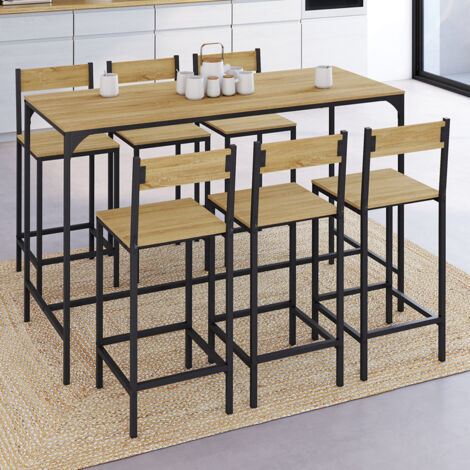 DETROIT Conjunto de mesa de bar de 150 cm de altura y 6 sillas de bar de diseño industrial