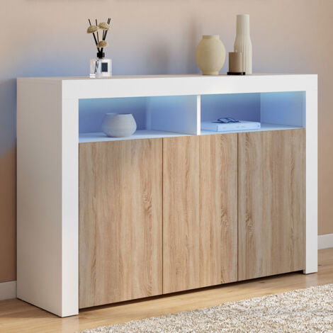 Aparador de 3 puertas ELIGHT de 110 cm con luz LED y hornacinas de madera blanca y efecto haya