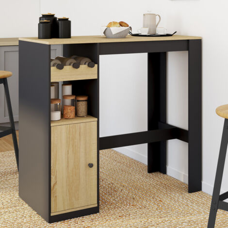 AMERI mesa de bar con armario y portabotellas para 2 personas, madera y negro