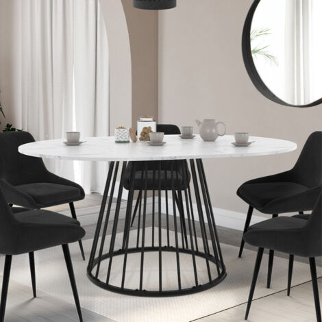 YUNA mesa de comedor redonda extensible 4-8 personas ALASKA tablero efecto mármol blanco y negro 110 - 150 cm (1/5)