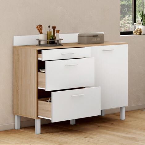 Aparador bajo cocina 120 cm encimera casserolier CINA H.83 cm 1 puerta + 3 cajones estilo haya y blanco