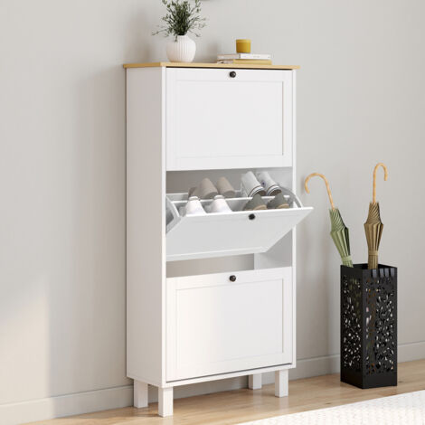 ACHILLE Zapatero 3 puertas 18 pares blanco con estante de madera